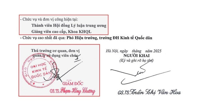 Lý lịch khoa học năm 2025 của Giáo sư Trần Thị Vân Hoa vẫn do Giám đốc Đại học Kinh tế Quốc dân kí và đóng dấu. Ảnh chụp màn hình 2.jpg