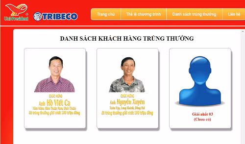 Danh sách hai khách hàng trúng giải nhất trị giá 100 triệu đồng đăng trên website của Công ty TNHH Tribeco Bình Dương.