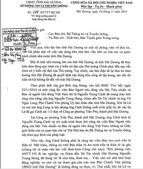 Văn bản bị tố &quot;vu khống báo chí&quot; của Phó GĐ Sở TTTT Hải Dương Vũ Văn Vở (Ảnh: Kienthuc)