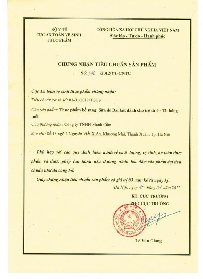 Giấy chứng nhận tiêu chuẩn của Bộ Y tế cho sản phẩm sữa Danlait do Công ty Mạnh Cầm nhập khẩu và phân phối.