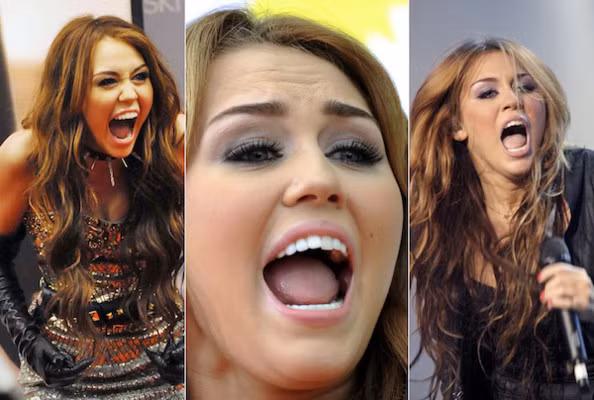 Không bàn đến gu thời trang hay phong cách trang điểm nữa mà ở đây những mỹ nữ đã tỏa hết hương sắc vì...cười ngoác miệng hết cỡ. Miley há miệng rộng thế này mà con ruồi nó bay thẳng vào thì... vui.