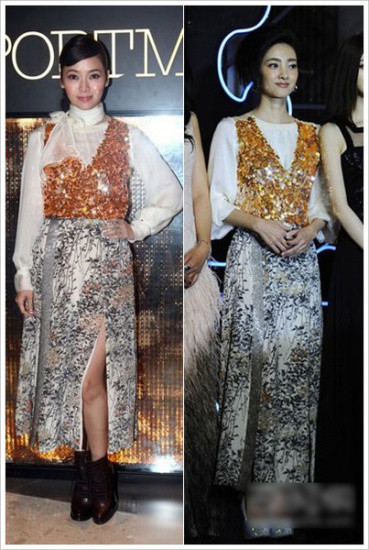 Trong chiếc váy này, so với Vương Lệ Khôn thì Hầu Bội Sâm phối hợp với giày cũng không quá tệ. Tuy nhiên, Hầu Bội Sâm lại thắt thêm chiếc khăn lụa quàng cổ thì thật chẳng khác gì “vẽ rắn thêm chân”. Trong chiếc váy này, so với Vương Lệ Khôn thì Hầu Bội Sâm phối hợp với giày cũng không quá tệ. Tuy nhiên, Hầu Bội Sâm lại thắt thêm chiếc khăn lụa quàng cổ thì thật chẳng khác gì “vẽ rắn thêm chân”.