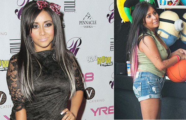 2. Nhuộm nhúng/loang Dipdye Khác một chút với nhuộm Ombre, nhuộm nhúng Dipdye là một kiểu highlight đặc biệt, mái tóc sẽ được pha màu sáng một cách bất quy tắc như: thêm những lọn tóc màu nổi xen kẽ, phần tóc dưới nhuộm màu tách biệt khác hẳn phần tóc trên, tóc nhuộm thành 3-4 tầng màu sắc... Snooki kết highlight các màu.