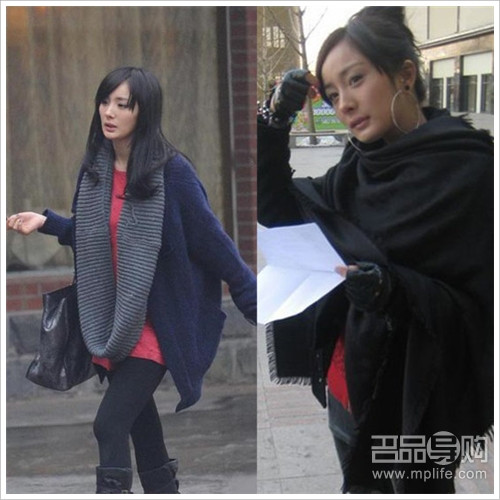 Áo len khoác ngoài màu xanh thẫm của Dương Mịch phối hợp với khăn quàng màu xám rất tinh tế.