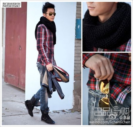 Lý Thần kết hợp áo sơ mi ca rô với khăn quàng cổ màu đen, quần bò mài rất model và nam tính.