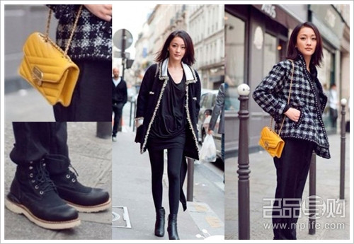 Châu Tấn trên đường phố Pari với áo khoác kẻ ca rô và túi xách vàng rất thời trang và nổi bật.