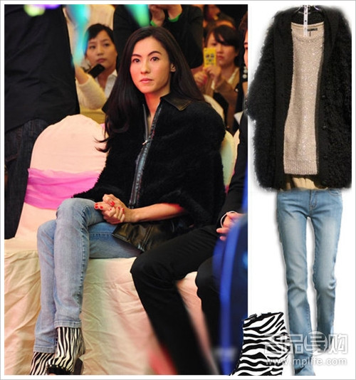 Áo khoác len lông cừu đen + quần jean + đôi giày họa tiết ngựa vằn đen trắng khiến Trương Bá Chi vẫn rất trẻ trung đầy sức sống.