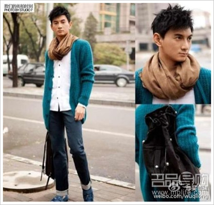 Áo khoác ngoài màu xanh biếc phối hợp với khăn quàng cổ màu vàng nhạt tạo dáng vẻ thanh lịch cho Ngô Kỳ Long.