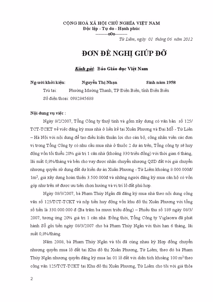 Đơn phản ánh của bà Nhạn gửi đến báo Giáo dục Việt Nam Đơn phản ánh của bà Nhạn gửi đến báo Giáo dục Việt Nam