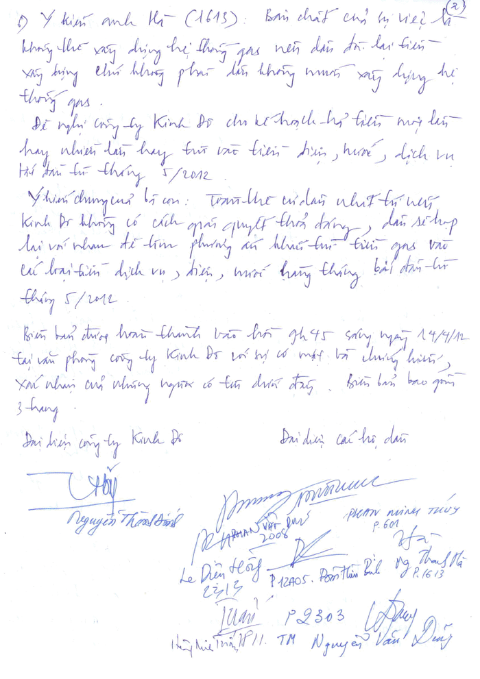 Biên bản cư dân đòi chủ đầu tư hoàn tiền xây dựng hệ thống gas trung tâm