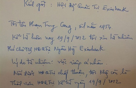 Đơn xin từ nhiệm của ông Cang Đơn xin từ nhiệm của ông Cang