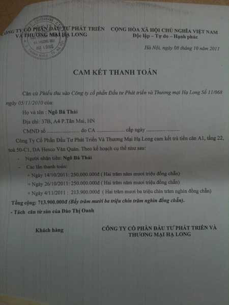 Với cam kết thanh toán và đóng dấu treo như thế này, Cty Hạ Long đã sai càng sai hơn Với cam kết thanh toán và đóng dấu treo như thế này, Cty Hạ Long đã sai càng sai hơn