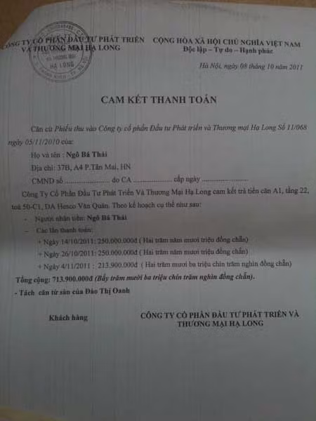 Giấy cam kết trả tiền, Hạ Long chỉ đóng dấu treo