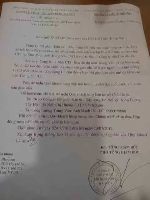 Công văn gửi khách hàng của Hancic không đề cập đến các khách hàng có hợp đồng mua nhà với Công ty Hạ Long