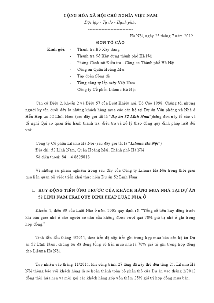 Đơn tố cáo của khách hàng Lilama Lĩnh Nam gửi các cơ quan chức năng cuối tháng 7/2012 Đơn tố cáo của khách hàng Lilama Lĩnh Nam gửi các cơ quan chức năng cuối tháng 7/2012