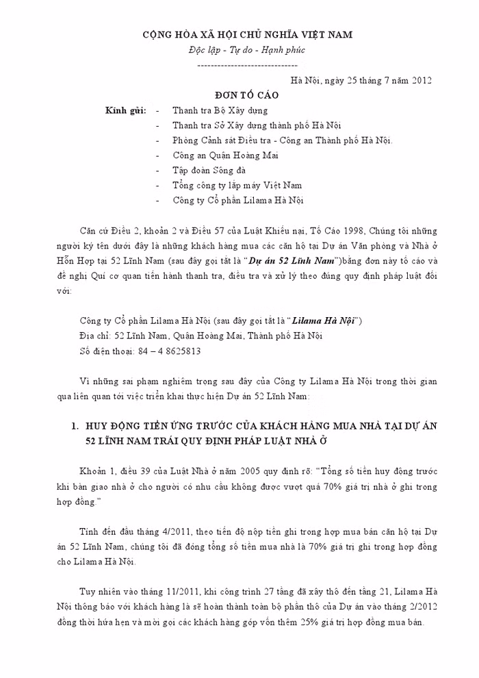Đơn tố cáo của khách hàng Lilama Lĩnh Nam gửi các cơ quan chức năng cuối tháng 7/2012