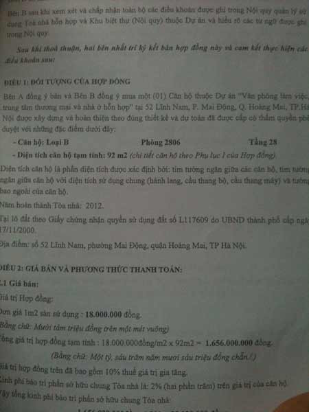 Hợp đồng mua bán căn hộ tầng 28 của chị Lý và chủ đầu tư Lilama Hà Nội Hợp đồng mua bán căn hộ tầng 28 của chị Lý và chủ đầu tư Lilama Hà Nội