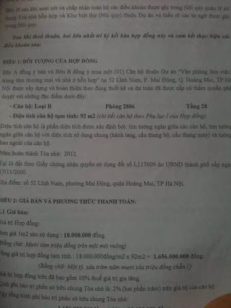 Hợp đồng mua bán căn hộ tầng 28 của chị Lý và chủ đầu tư Lilama Hà Nội