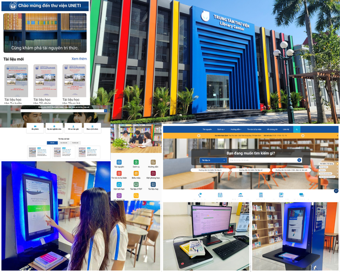Một số phần mềm công nghệ được UNETI đầu tư bao gồm: thiết bị ứng dụng di động UNETI Library, thiết bị ứng dụng di động quản lý tài liệu số UNETI DRM; máy mượn trả tài liệu tự động Self-check, thiết bị công nghệ RFID,… GDVN_PTT.png