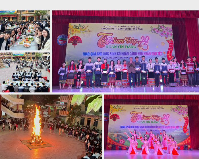 Các hoạt động vui xuân đón Tết tại Trường Trung học phổ thông Dân tộc nội trú tỉnh Nghệ An. (Ảnh: NTCC) Màu be và Đen In đậm và Sáng Ảnh Ảnh ghép.png