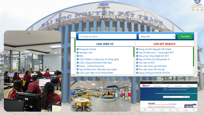 Trung tâm Thông tin - Thư viện Trường Đại học Nguyễn Tất Thành có hơn 400 máy tính, với phần mềm quản lý Net Cafe được kết nối internet và được cài đặt sẵn các phần mềm hỗ trợ học tập (PMT-EMS Education, PMT-EMS Examsys test),... cùng nhiều cơ sở dữ liệu trực tuyến. GDVN_thao.png