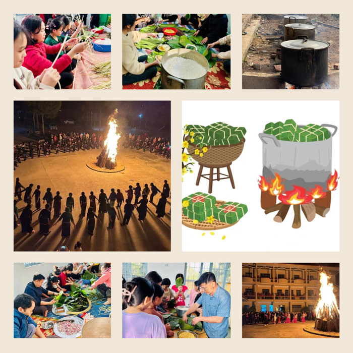 Thầy và trò Trường Phổ thông Dân tộc nội trú Trung học cơ sở huyện EaKar cùng nhau gói bánh chưng và tham gia hoạt động đốt lửa trại chào mừng năm mới. (Ảnh: NTCC) Trắng Màu be Rõ ràng Kẻ ô Ảnh Gia đình Ảnh ghép Bài đăng Instagram .png