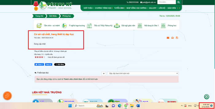 Nội dung về cơ sở vật chất, trang thiết bị trên website của Trường Trung - Tiểu học Pétrus Ký ở trạng thái "đang cập nhật". (Ảnh chụp màn hình ngày 12/3/2025) Screenshot 2025-03-12 090822.png