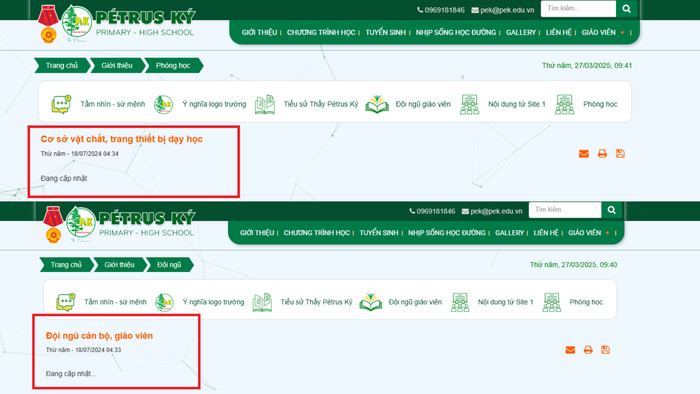 Ngày 27/3/2025, phóng viên truy cập website 2 nội dung về cơ sở vật chất và đội ngũ cán bộ, giáo viên vẫn ở trạng thái "đang cập nhật". Ảnh chụp màn hình ngày 27/3/2025. Đỏ Đậm Ảnh Ảnh bìa Facebook Ảnh ghép Cá nhân (1).png