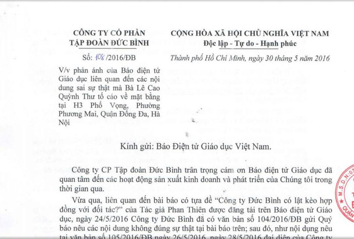 Công văn của Công ty Đức Bình gửi Báo điện tử Giáo dục Việt Nam. Công văn của Công ty Đức Bình gửi Báo điện tử Giáo dục Việt Nam.