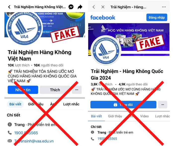Trang fanpage mạo danh Học viện Hàng không Việt Nam để tuyển sinh. Ảnh: NTCC. 435116025_822699359884245_4388507973634226165_n.jpg