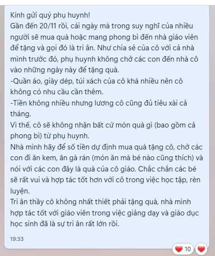 Một tin nhắn không nhận quà tặng của một giáo viên gửi cho phụ huynh (Ảnh P.T) Một tin nhắn không nhận quà tặng của một giáo viên gửi cho phụ huynh (Ảnh P.T)