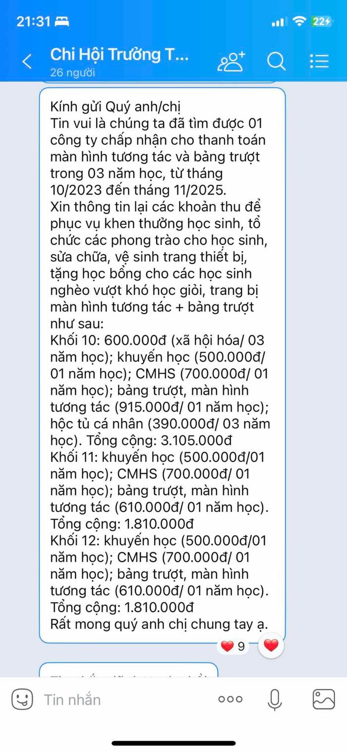 Tin nhắn của Chi hội trưởng Ban đại diện cha mẹ học sinh nhà trường (Ảnh phụ huynh cung cấp)