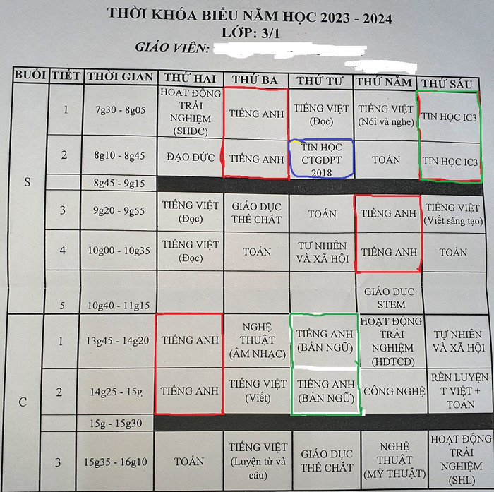 Với thời khóa biểu này, mỗi tháng phụ huynh phải bỏ thêm 1.500.000đồng cho một số môn tăng cường (Ảnh phụ huynh cung cấp) Với thời khóa biểu này, mỗi tháng phụ huynh phải bỏ thêm 1.500.000đồng cho một số môn tăng cường (Ảnh phụ huynh cung cấp)