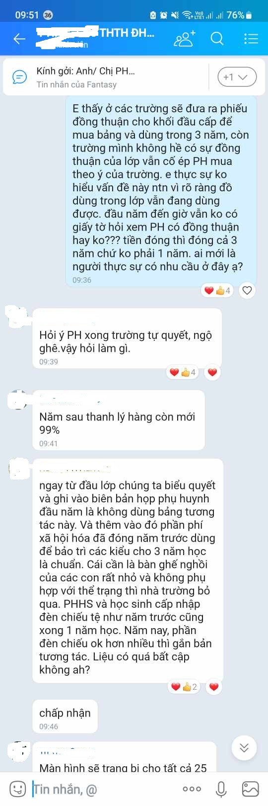 Nhiều phụ huynh phản đối việc thu tiền trong nhóm lớp (Ảnh phụ huynh cung cấp)