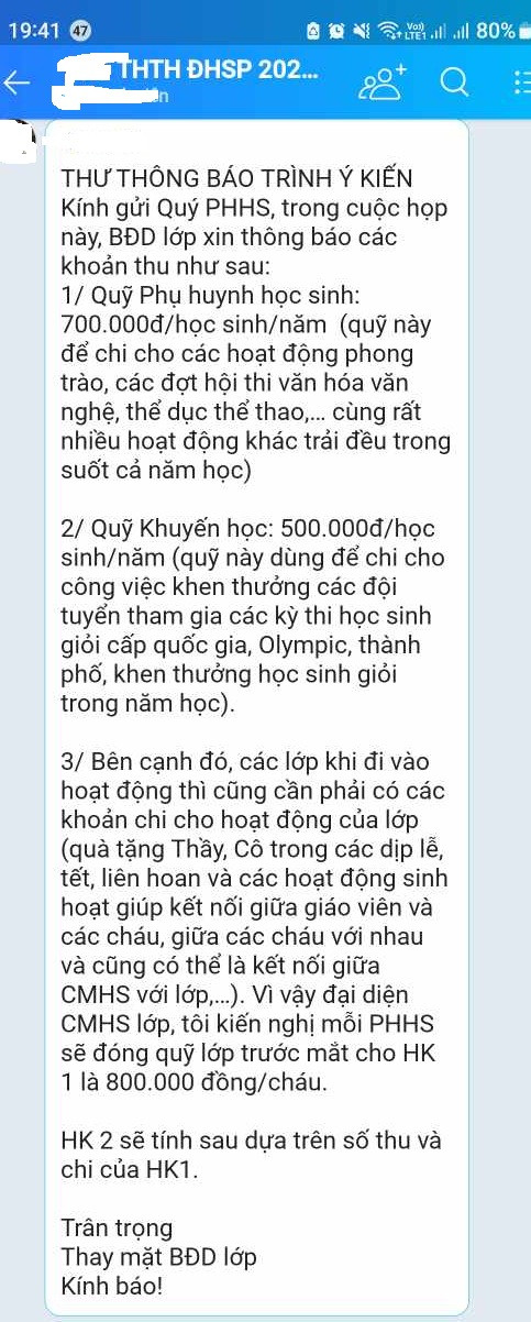 Tin nhắn của Ban đại diện cha mẹ học sinh lớp (Ảnh phụ huynh cung cấp)