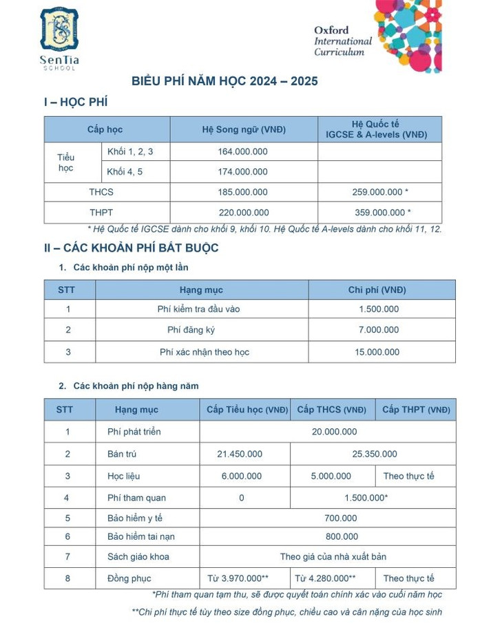 Biểu phí năm học 2024-2025 được công bố trên website Trường SenTia. Ảnh chụp màn hình. SenTia_Bieu-phi-nam-hoc-2024-2025_page-0001-724x1024.jpg