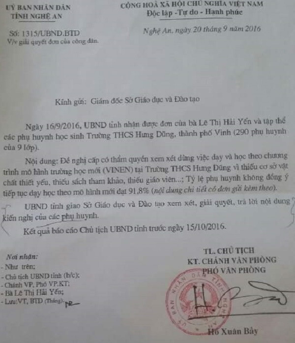 Công văn 1351 của Uỷ ban Nhân dân tỉnh Nghệ An và đơn kiến nghị của phụ huynh học sinh.