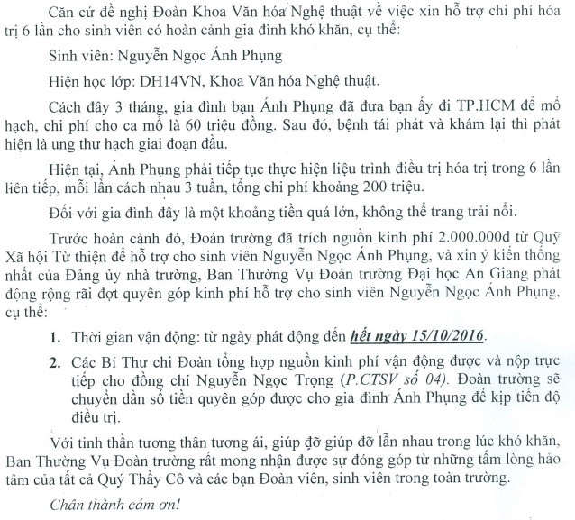 Ban thường vụ Đoàn trường học của Ánh Phụng đang kêu gọi lòng hảo tâm ủng hộ cho em. Ban thường vụ Đoàn trường học của Ánh Phụng đang kêu gọi lòng hảo tâm ủng hộ cho em.
