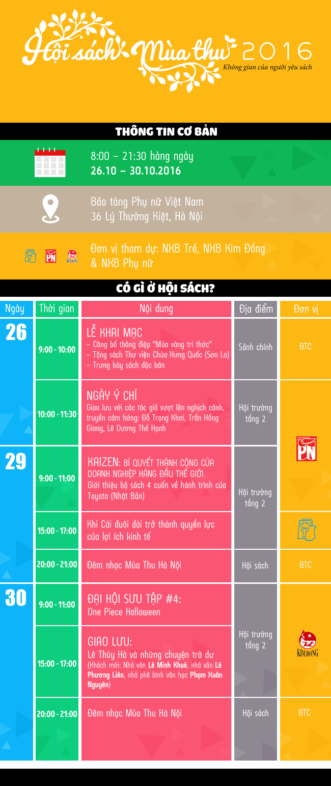 Tổng quan các sự kiện diễn ra tại Hội sách Mùa thu 2016. Tổng quan các sự kiện diễn ra tại Hội sách Mùa thu 2016.