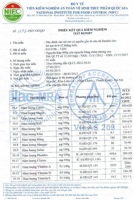 Một trong những phiếu kiểm nghiệm của NIFC.
