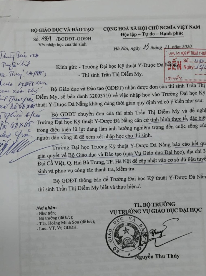 Công văn phúc đáp của Bộ Giáo dục gửi Trường Đại học Kỹ thuật Đại học Y Dược Đà Nẵng (Ảnh nhân vật cung cấp) Công văn phúc đáp của Bộ Giáo dục gửi Trường Đại học Kỹ thuật Đại học Y Dược Đà Nẵng (Ảnh nhân vật cung cấp)