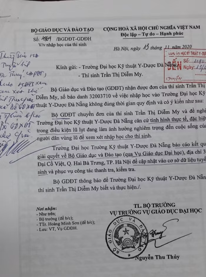 Công văn phúc đáp của Bộ Giáo dục gửi Trường Đại học Kỹ thuật Đại học Y Dược Đà Nẵng (Ảnh nhân vật cung cấp)