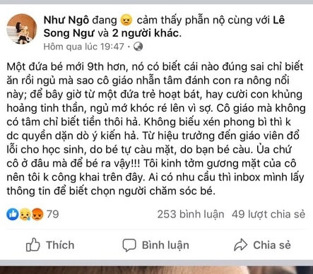 Dòng trạng thái của nick Như Ngô đăng trên Facebook nhận được nhiều ý kiến xúc phạm của bạn bè. (Ảnh cô giáo Ngân cung cấp). Dòng trạng thái của nick Như Ngô đăng trên Facebook nhận được nhiều ý kiến xúc phạm của bạn bè. (Ảnh cô giáo Ngân cung cấp).