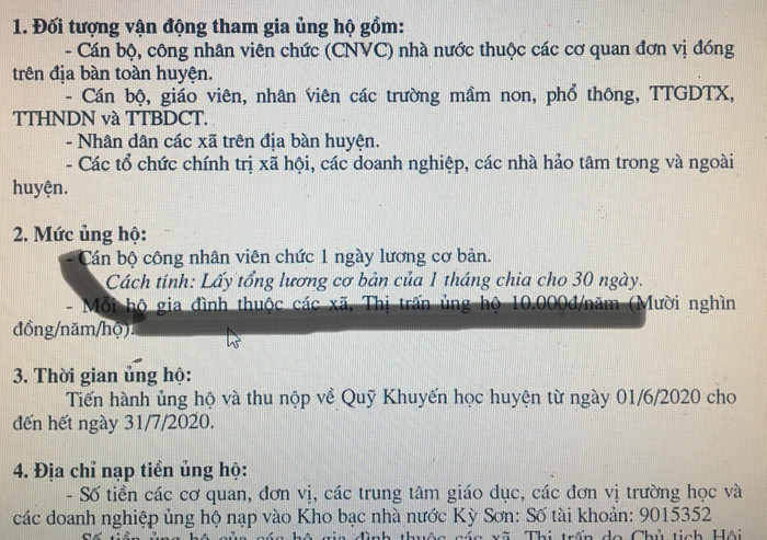 Công văn yêu cầu trừ 1 ngày lương của Hội Khuyến học huyện Kỳ Sơn, tỉnh Nghệ An (Ảnh CTV) Công văn yêu cầu trừ 1 ngày lương của Hội Khuyến học huyện Kỳ Sơn, tỉnh Nghệ An (Ảnh CTV)