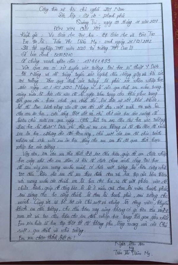 Diễm My viết thư gửi Bộ Giáo dục cứu xét (Ảnh nhân vật cung cấp) Diễm My viết thư gửi Bộ Giáo dục cứu xét (Ảnh nhân vật cung cấp)