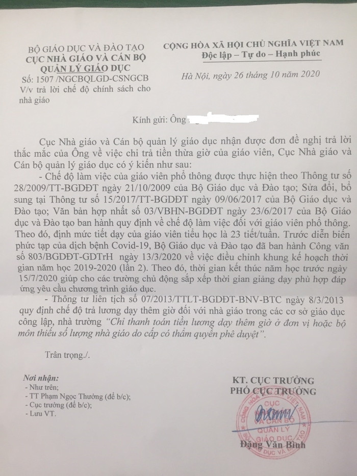 Công văn của Cục Nhà giáo trả lời về chế độ chính sách nhà giáo (Ảnh: CTV)