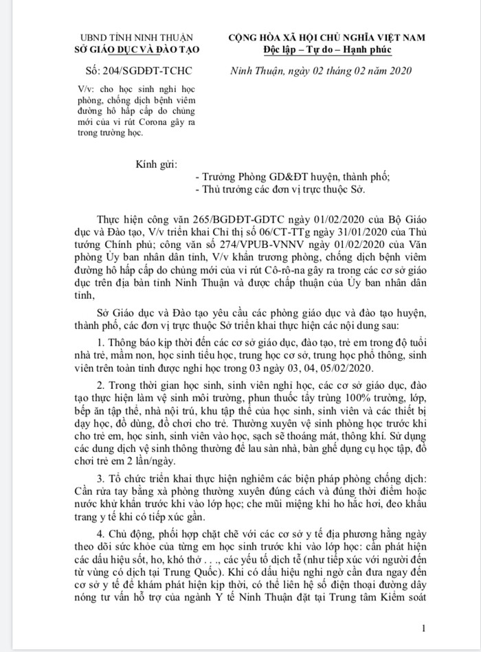 Công văn cho học sinh nghỉ học của Sở Giáo dục Ninh Thuận (Ảnh CTV) Công văn cho học sinh nghỉ học của Sở Giáo dục Ninh Thuận (Ảnh CTV)