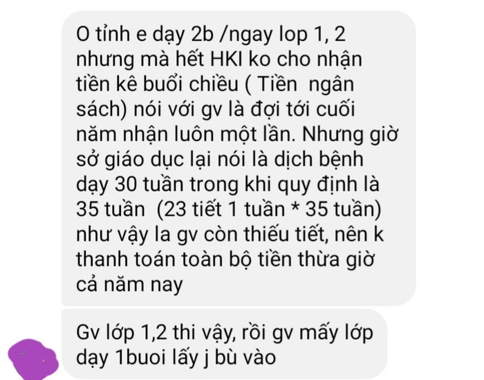 Giáo viên chia sẻ vì không được tính tiền phụ trội cho năm học 2019-2020. Ảnh: tác giả. Giáo viên chia sẻ vì không được tính tiền phụ trội cho năm học 2019-2020. Ảnh: tác giả.