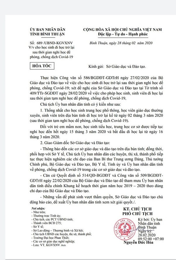 Công văn hỏa tốc của Ủy ban tỉnh Bình Thuận cho phép học sinh mầm non, tiểu học, trung học cơ sở nghỉ học phòng chống dịch đến 15/3 (Ảnh: CTV) Công văn hỏa tốc của Ủy ban tỉnh Bình Thuận cho phép học sinh mầm non, tiểu học, trung học cơ sở nghỉ học phòng chống dịch đến 15/3 (Ảnh: CTV)