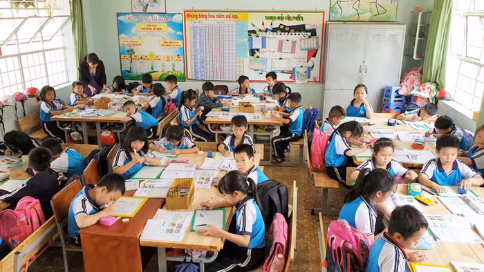 Học sinh nhiều trường học VNEN sẽ không phải ngồi học theo nhóm thế này nữa (Ảnh minh họa Báo Lâm Đồng)